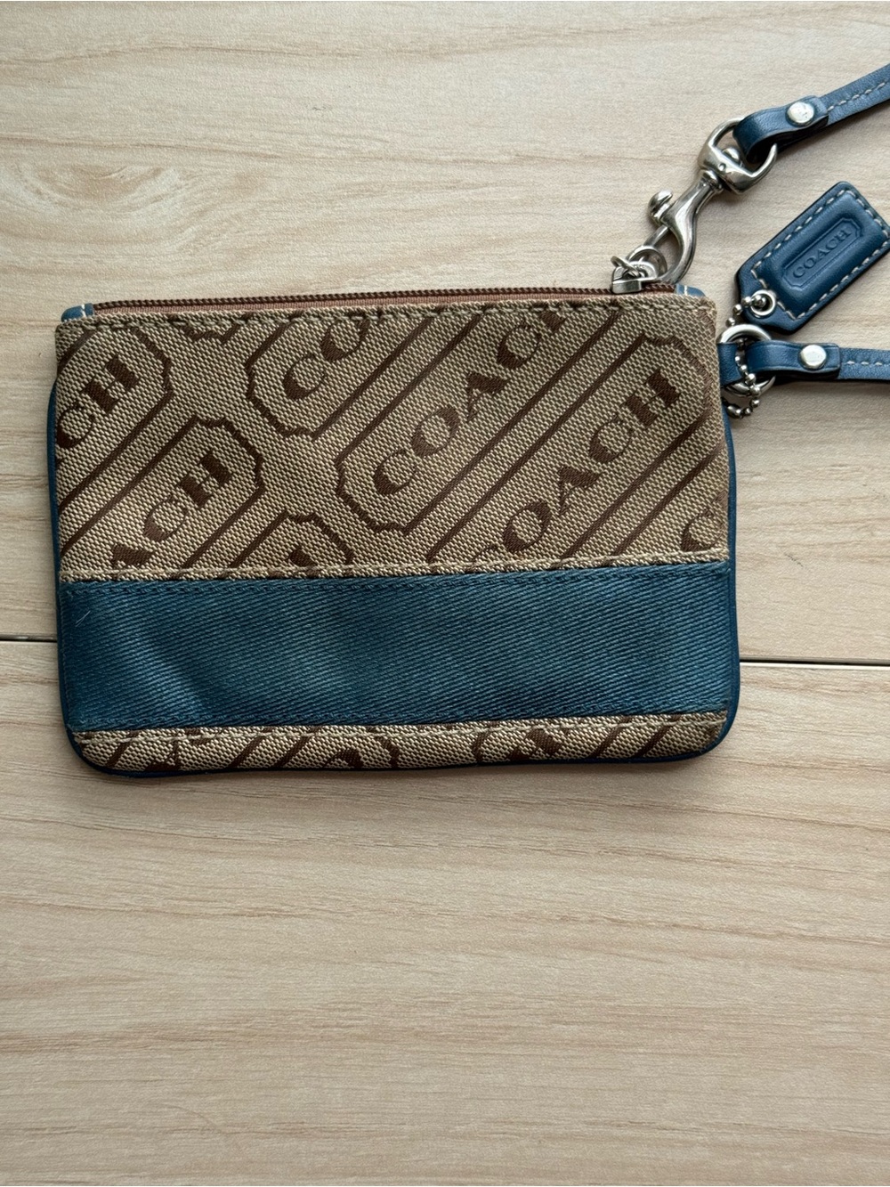 Coach Two-Tone Signature Canvas Wristlet in Brown and Teal